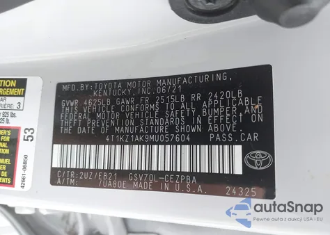 2021 Toyota Camry Trd z USA, uszkodzony, nr VIN 4T1KZ1AK9MU057604